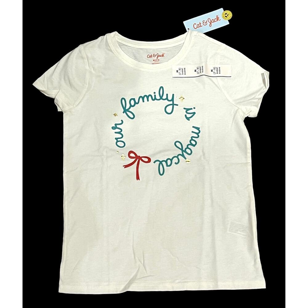 NEW Girls TEE 7/8 Med T-Shirt Our Family Is Magical Holiday Cat & Jack White